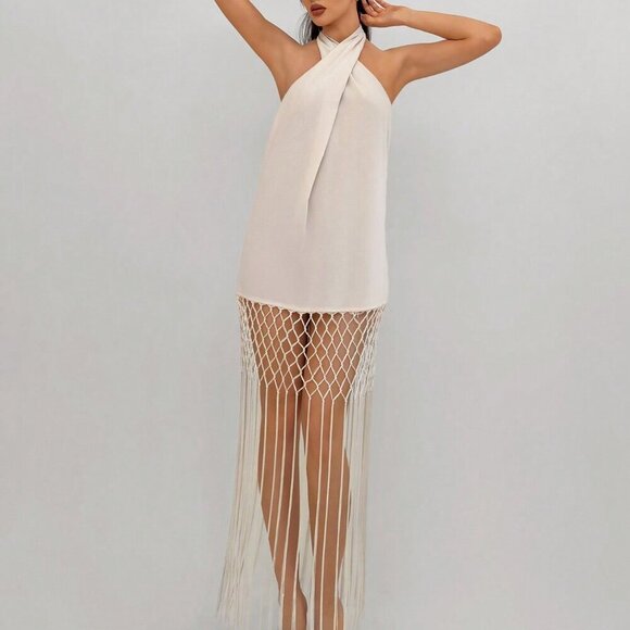 Apricot Party Women's Sleeveless Fringed Hem Dress - Picture 1 of 6